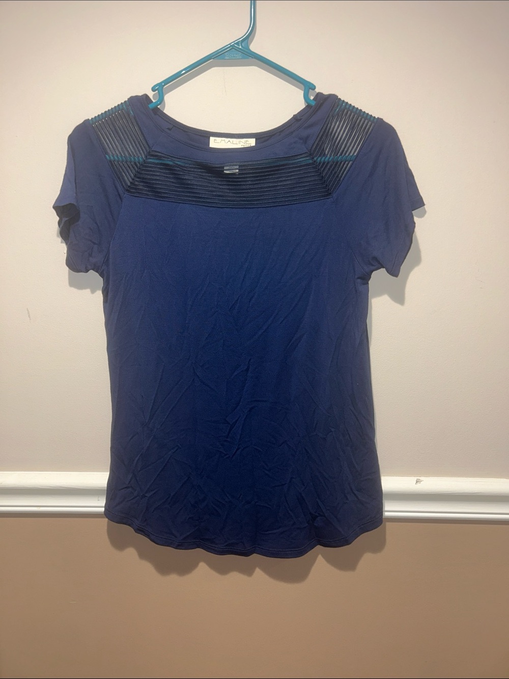 Emanuel Ungaro Navy Short-Sleeve Top with Ribbed Yoke Detail